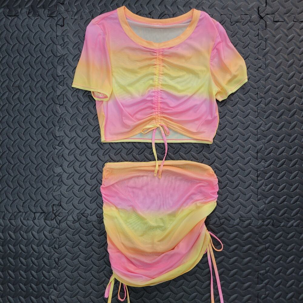 Mesh Festival Skirt Set Ruched Small Pastel Y2K Crop Top Mini Skirt Outfit Beach